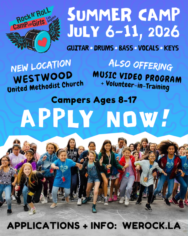 Summer Camp Jul 6-11, 2026. Guitar, drums, bass, vocals, keys. New location: Westwood United Methodist Church. Also offering: Music Video Program and Volunteer-in-Training. Campers ages 8-17. Apply now! Application and info: werock.la